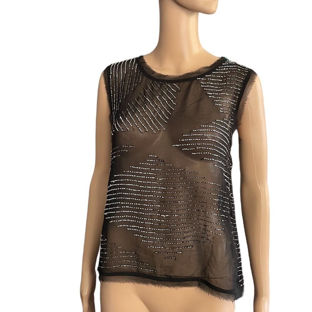 W118 Top Women XS Clubwear Gothic Rock Punk Mesh Beaded Frayed Sleeveless Black
